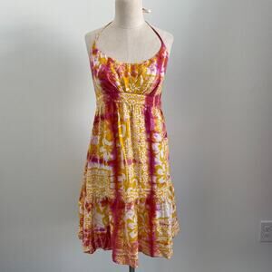 Y2K Lucky Brand Babydoll Dress Women XS Halter Neck Yellow Pink Floral Resort